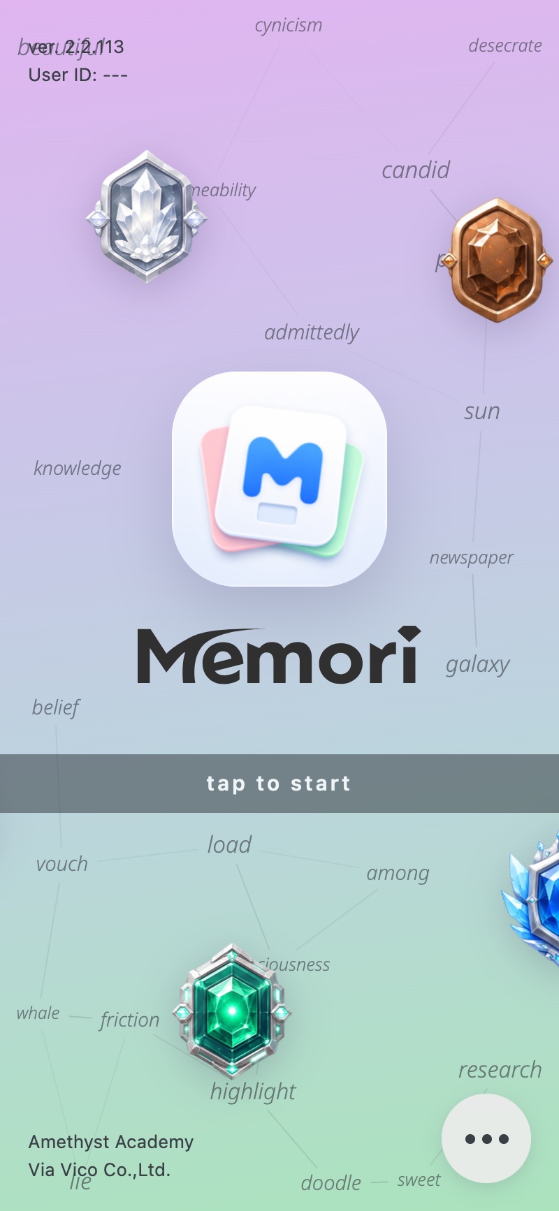 memoriアプリのホーム画面。獲得した宝石ランクが並ぶ
